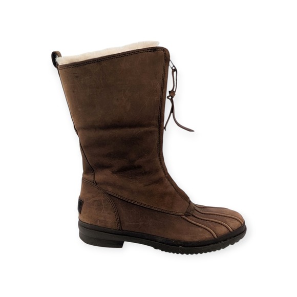 UGG Brown Leather Waterproof Winter Zip Boots Shearling Lined Women's 8 - Picture 1 of 7
